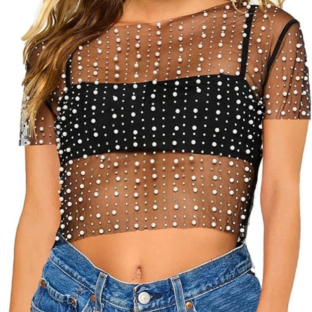 Elegant Black Sheer Pearl Crop Top